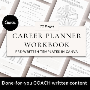 Może przedstawiać: Planer kariery z gotowymi szablonami w Canva. Okładka zawiera tekst "CAREER PLANNER WORKBOOK" i "PRE-WRITTEN TEMPLATES IN CANVA". Zeszyt zawiera strony do planowania CV, portfolio i oceny umiejętności.