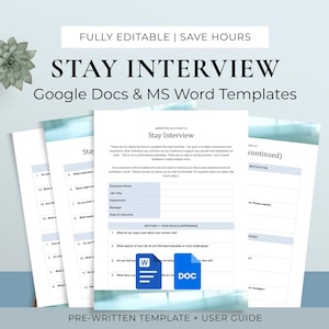 Puede incluir: Plantillas de papel blanco para una entrevista de salida, con el texto "STAY INTERVIEW" y "Google Docs & MS Word Templates". Las plantillas incluyen secciones para información del empleado y preguntas de la entrevista.
