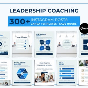 Könnte beinhalten: Eine digitale Sammlung von über 300 Instagram-Beitragsvorlagen für Leadership-Coaching in Canva. Das Layout zeigt blau-weiße Grafikdesigns mit Textüberschriften wie Conflict Resolution, Goal Tracking, Engaging People und Career Coaching.