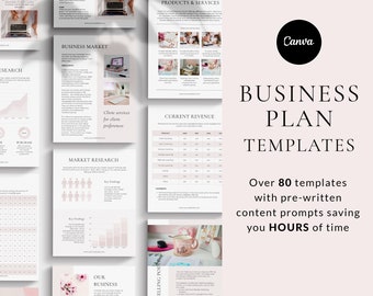 May include: A Canva graphic with a pink and white colour scheme. The graphic features a collection of business plan templates with the text "Over 80 templates with pre-written content prompts saving you HOURS of time".