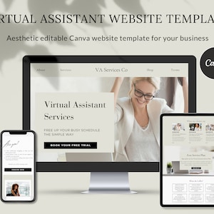 May include: A website template for virtual assistant services. The template features a modern design with a light background and black text. The website includes sections for about, services, shop, terms, and a free trial offer. The website is designed to be used on a computer, tablet, or phone.
