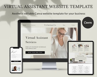 May include: A website template for virtual assistant services. The template features a modern design with a light background and black text. The website includes sections for about, services, shop, terms, and a free trial offer. The website is designed to be used on a computer, tablet, or phone.