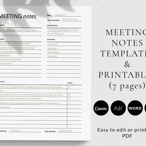 Op de afbeelding: Een zwart-witte printbare sjabloon voor vergadernotities met de tekst "Meeting Notes Templates & Printables (7 pages)" en logo's voor Canva, PDF, Word en Google Docs. De sjabloon bevat secties voor datum, tijd en locatie, vergaderdoelen, deelnemers, agenda, notulen en actie.