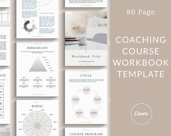 May include: A digital template for an 80-page coaching course workbook. The template features a variety of charts and diagrams, including a hierarchy, cycle, wheel, and course program. The text "Coaching Course Workbook Template" is displayed in a large font at the top of the image. The text "Canva" is displayed in a smaller font at the bottom of the image.
