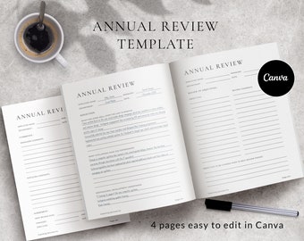 May include: A four-page annual review template designed for easy editing in Canva. The template includes sections for employee information, review objectives, review comments, and professional development.