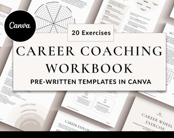 Op de afbeelding: Een verzameling carrière coaching werkboeken met de tekst "CAREER COACHING WORKBOOK" en "PRE-WRITTEN TEMPLATES IN CANVA." De afbeelding bevat een "CAREER WHEEL" diagram en het Canva logo. De tekst "20 Exercises" is ook zichtbaar.