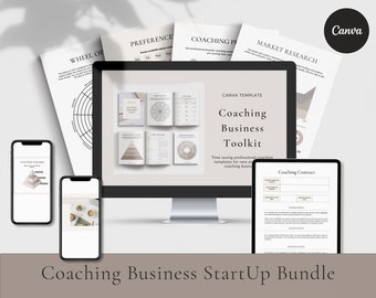 Könnte beinhalten: Ein digitales Marketing-Toolkit für Coaches mit Canva-Vorlagen für ein Coaching-Unternehmen. Das Toolkit enthält eine Coaching-Pyramide, ein Kompetenzrad, einen Chart-Tracker, einen Coaching-Vertrag und Marktforschungsvorlagen. Die Vorlagen sind im minimalistischen Stil mit beige und weißen Farben gestaltet.
