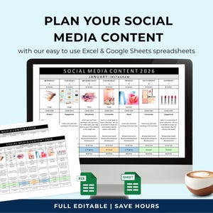 Puede incluir: Un planificador de contenido para redes sociales digital que se muestra en un monitor de computadora y hojas impresas, con una cuadrícula de calendario de enero de 2026 con columnas para visual, contenido, estado y notas, junto a iconos de Excel.