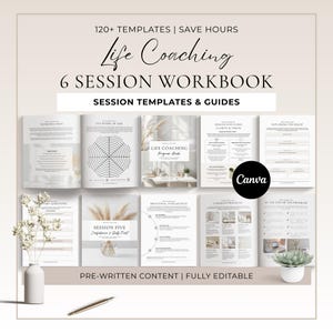 6 Session Life Coaching Workbook Canva Templates, Worksheets bundle