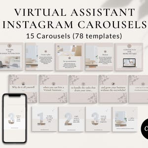 May include: A set of 15 Instagram carousel templates for virtual assistants. The templates are in a light pink color scheme with floral accents and text that reads "Top Tips for Business Automation", "Why do it all yourself", "When you can hire a Virtual Assistant", "To handle the tasks that drain your time", "And grow your business without the overwhelm", "Contact Us for More Details", "Contact Us Today", and "Canva".