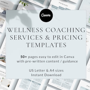 Può includere: Un mockup di prodotto digitale per servizi di coaching del benessere e modelli di prezzi. L'immagine mostra uno sfondo blu chiaro con il testo "Wellness Coaching Services & Pricing Templates" in grassetto, in nero. Il testo "50+ pagine facili da modificare in Canva con contenuti pre-scritti / guida" si trova sotto il titolo. Il testo "US Letter & A4 sizes Instant Download" si trova sotto il testo precedente. L'immagine mostra anche diverse pagine del modello, che sono progettate in uno stile minimalista con uno sfondo grigio chiaro e testo nero.