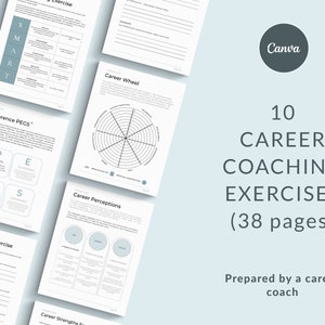Puede incluir: Un conjunto de 10 ejercicios de coaching profesional, diseñados para ayudar a las personas a explorar sus objetivos y preferencias profesionales. Los ejercicios se presentan en un formato visualmente atractivo con un fondo azul claro y texto negro. El título "10 EJERCICIOS DE COACHING PROFESIONAL (38 páginas)" se muestra en un tamaño de fuente grande. El texto "Preparado por un coach profesional" se muestra en un tamaño de fuente más pequeño debajo del título.