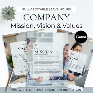 以下が含まれることがあります： 「COMPANY Mission, Vision & Values」のテキストが入ったビジネステンプレート。多肉植物と、「Our Mission」、「Our Vision」、「Our Values」という言葉が書かれた複数のページが写っています。Canvaのロゴが見えます。