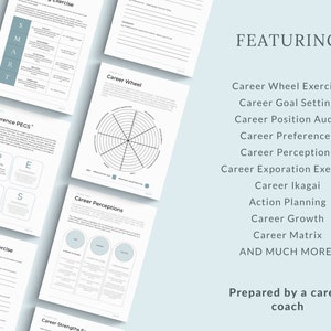 K&ouml;nnte beinhalten: Ein druckbares Arbeitsblatt mit einer Liste von Karrierentwicklungs&uuml;bungen, darunter ein Karrierr&auml;dchen, Karriereziele setzen, Karrierepositionsaudit, Karrierepr&auml;ferenzen, Karrierewahrnehmungen, Karriereexplorations&uuml;bung, Karriere-Ikigai, Aktionsplanung, Karrierewachstum und Karriere-Matrix. Das Arbeitsblatt tr&auml;gt den Titel "Featuring" und "Erstellt von einem Karrierecoach".