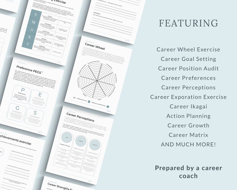 K&ouml;nnte beinhalten: Ein druckbares Arbeitsblatt mit einer Liste von Karrierentwicklungs&uuml;bungen, darunter ein Karrierr&auml;dchen, Karriereziele setzen, Karrierepositionsaudit, Karrierepr&auml;ferenzen, Karrierewahrnehmungen, Karriereexplorations&uuml;bung, Karriere-Ikigai, Aktionsplanung, Karrierewachstum und Karriere-Matrix. Das Arbeitsblatt tr&auml;gt den Titel "Featuring" und "Erstellt von einem Karrierecoach".