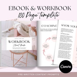 Peut inclure: Un modèle d'ebook et de cahier d'exercices de 180 pages avec une palette de couleurs rose pâle. La mise en page comprend des sections intitulées Coaching et Know Yourself, avec du texte, des diagrammes circulaires et des images.