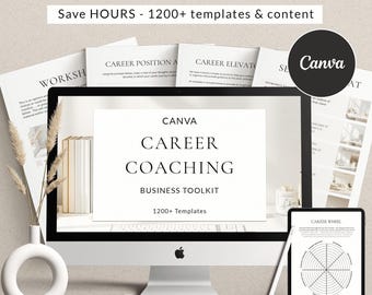 May include: A digital career coaching toolkit displayed on a computer monitor, with the text "CAREER COACHING TOOLKIT" and "Save HOURS - 1200+ templates & content." The screen shows "CANVA CAREER COACHING BUSINESS TOOLKIT 1200+ Templates."