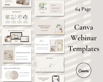 May include: A set of 64 Canva webinar templates in a minimalist style with a beige and white color scheme. The templates feature text boxes, images, and charts. The text on the image reads "64 Page Canva Webinar Templates".