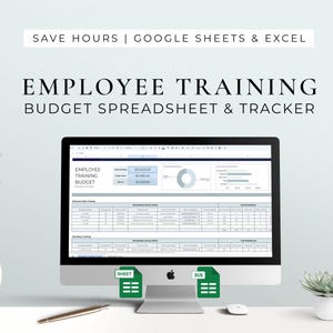 May include: A desktop computer displays an employee training budget spreadsheet. The screen shows data tables, charts, and the text "Employee Training Budget Spreadsheet & Tracker." The image also includes a pen, a mouse, and a small succulent plant in a white pot.