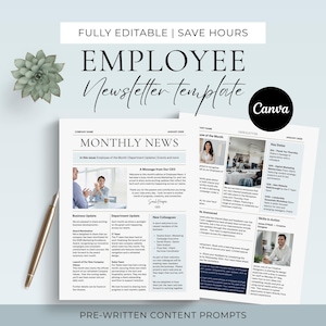 May include: A white employee newsletter template with the text "EMPLOYEE Newsletter template" in a stylish font. The template includes sections for monthly news, employee updates, and key dates. The Canva logo is visible.