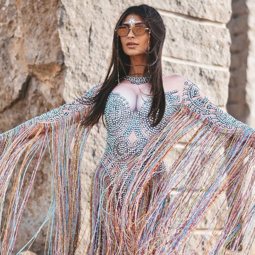 Fringe Rhinestone Jumpsuit / Burning man clothing / Crystal jumpsuit / Halloween costume / Catsuit / Crystal catsuit / Rave / Diamonds