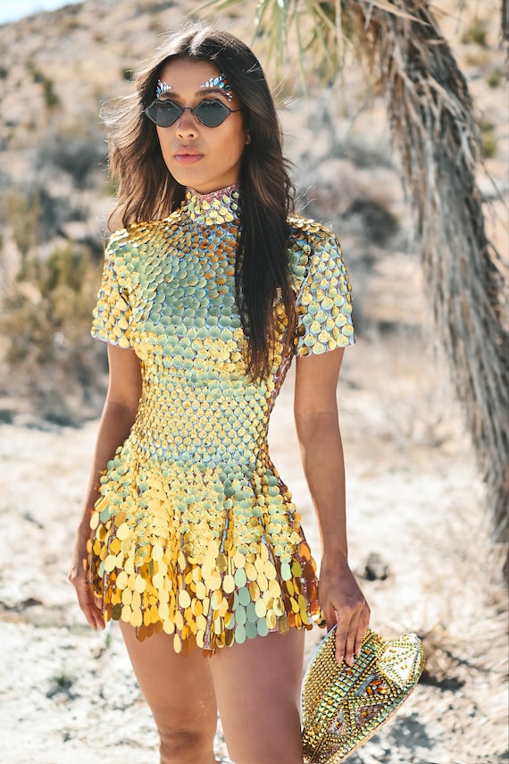 Melanie Metallic Party Dress Gold / Sequin Bodysuit / Festival - Etsy Norway