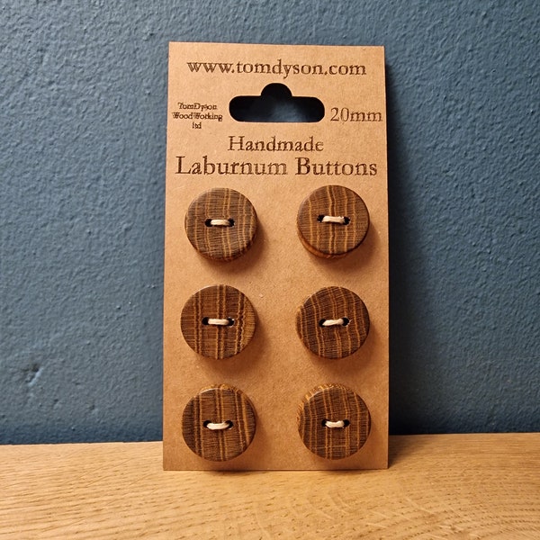 6 Laburnum Buttons, Handmade Hardwood Buttons 20mm diameter. Completely Handmade by me in The New Forest.  Premium handstitched packaging