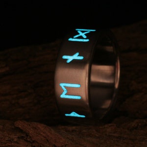 N2 Titanium ring glow in the dark, Elder furthark symbol to personalize
