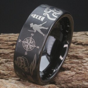 O5 Bague en Tungstene gravée Laser Pirate Carte trésor