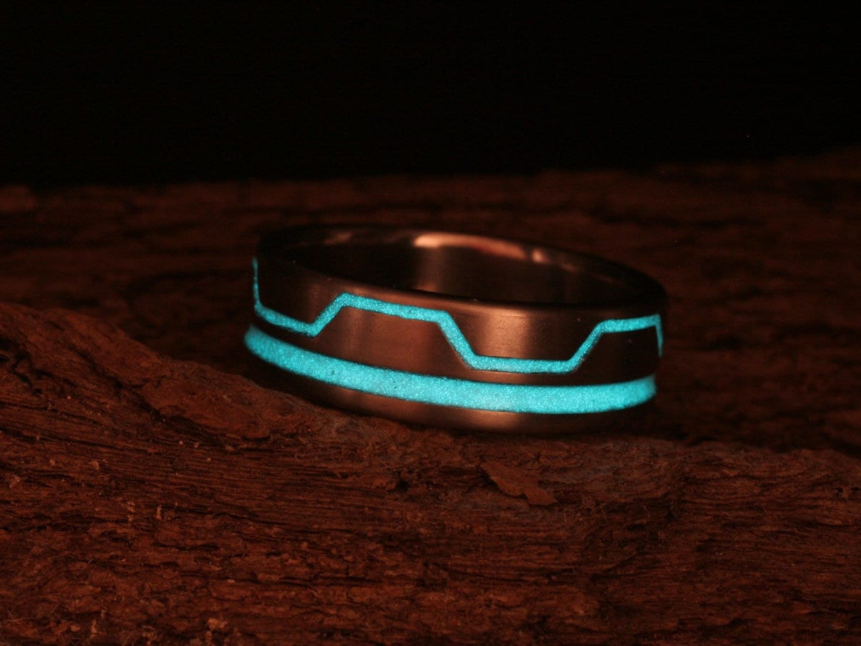 Tungsten carbide glow ring with turquoise inlay. Glow ring. black glow –  Orth Custom Rings
