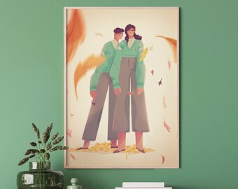 Autumn Decor Art Print, Boy & Girl Poster, High School Friends Gift, Fall Colors Illustration, Long-Distance Friendship Gift, Twins Print