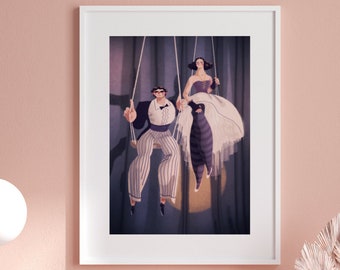 Circus Art Illustration of Acrobatic Performance, Cute Gift for Couples, Illustrated Wall Print,  Fashion Wall Art, Living Room Poster