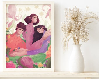Trio Wandkunst, Blumen Hintergrund, Cecilia Suárez Illustration, Netflix TV-Serie Poster, Geschenk für Geschwister, Mexiko-Stadt Kulturkunst