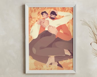 Spooning Couple Printed Illustration, Fall Gift for Gay Couple, LGBTQ Autumn Wall Art, Queer Art, Same-Sex Love Potrait Poster, Pride Art