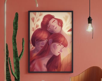 Polyamorous Wall Decor, Triangle Love Illustration, Poly Art, LGBTQ Pride Wall-Art, Threesome Polyamory Poster, Redheads Print, Bisexual Art