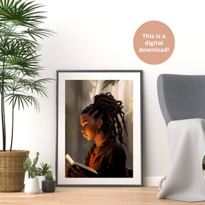 Black Woman Reading Bible Wall Art, Art Print, Christian Black Girl, Woman with Locs Illustration, Bible Art, Aesthetic Godly Woman Gift