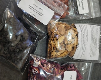 Incense grains, styrax, myrrh, palo santo flakes, sandalwood, rose petals