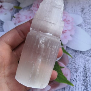 Può includere: Una torre di cristallo di selenite bianca con una superficie liscia e lucida. Il cristallo ha la forma di una torre con più livelli. Il cristallo è tenuto in una mano.