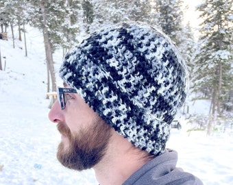 Black and White Winter Beanie | Mens Crochet Beanie | Winter Hat | Black Beanie