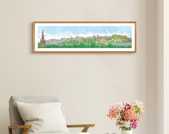 Edinburgh Castle to Walter Scott Monument Skyline. Detailed Panoramic signed Limited Edition Architectural Watercolour print of the Old Town