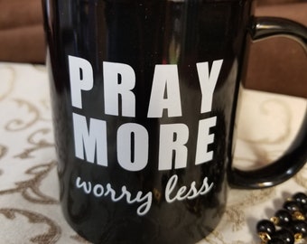Pray more worry less Padre Pio quote coffee mug.