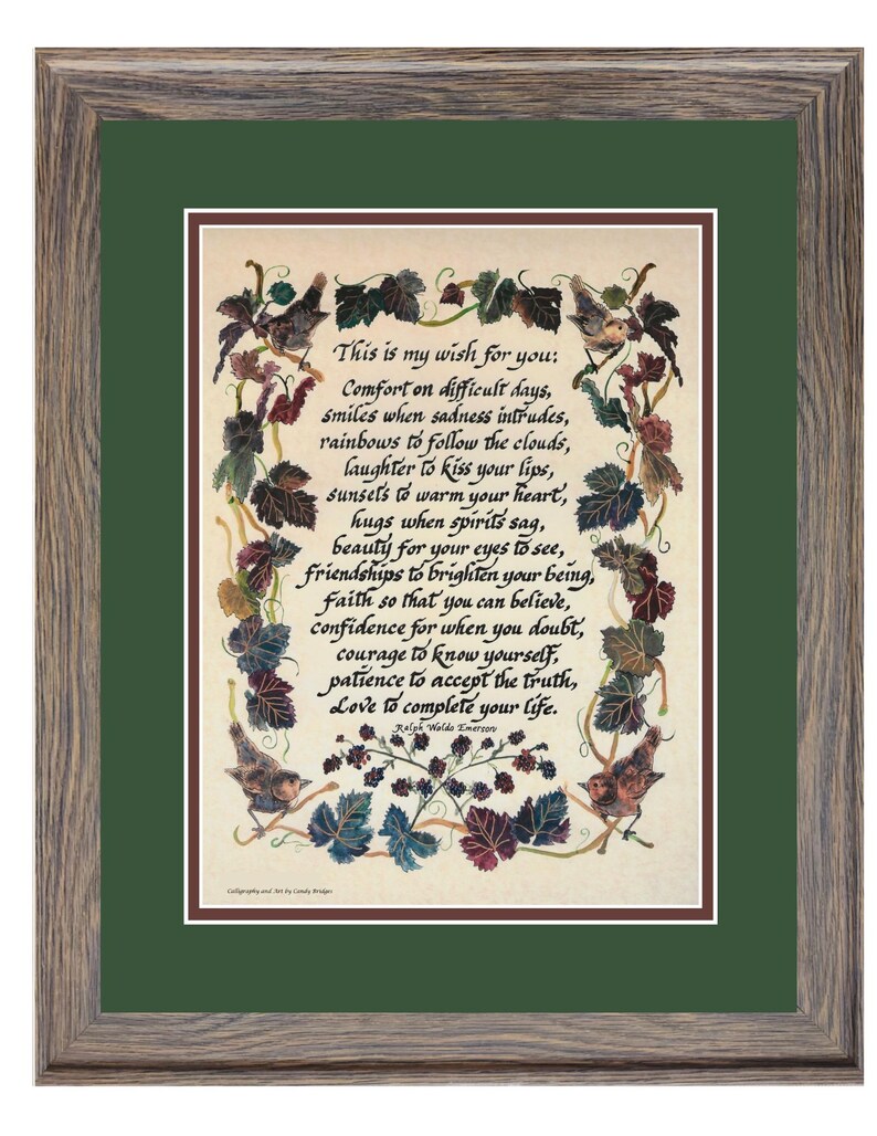 Puede incluir: Obra de arte enmarcada con un passe-partout verde y un marco de madera. La obra presenta un poema escrito a mano rodeado de ilustraciones de p&aacute;jaros y vides. El poema comienza con "This is my wish for you:" y contin&uacute;a con versos inspiradores.