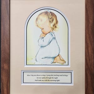 Vintage praying little girl with Now I lay me down to sleep framed art.