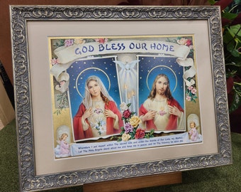 Heilig Hart Jezus en Onbevlekt Hart van Maria Home Blessing op maat gemaakte gematteerd en ingelijste kunst