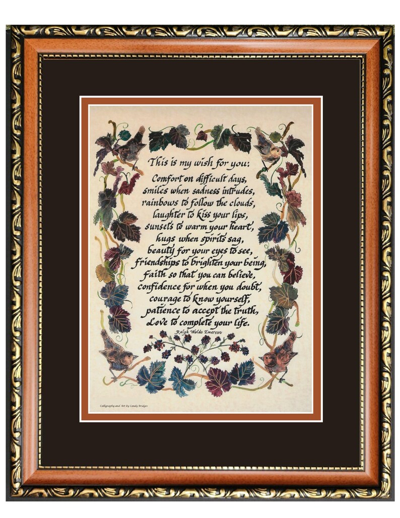 Puede incluir: Obra de arte enmarcada con un poema escrito a mano, rodeada por un borde decorativo de hojas y p&aacute;jaros. El texto dice "This is my wish for you..." en elegante caligraf&iacute;a. El marco es marr&oacute;n y dorado.