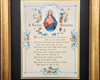Christelijke muurkunst ingelijst Heilig hart van Jezus met optie om te personaliseren met familienaam.