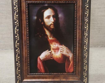 ヴィンテージ イエス・キリスト 聖心 額入り絵画アートワーク 9” x 11