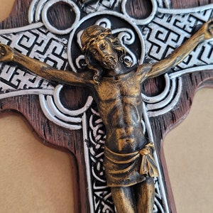 Celtic wall crucifix cross ornate with gold, black and silver tones