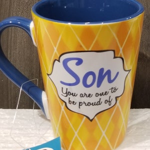 Son coffee mug cafe style with verse on front yellow and blue