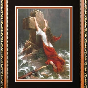 Woman clinging to cross in storm Rock of Ages framed print